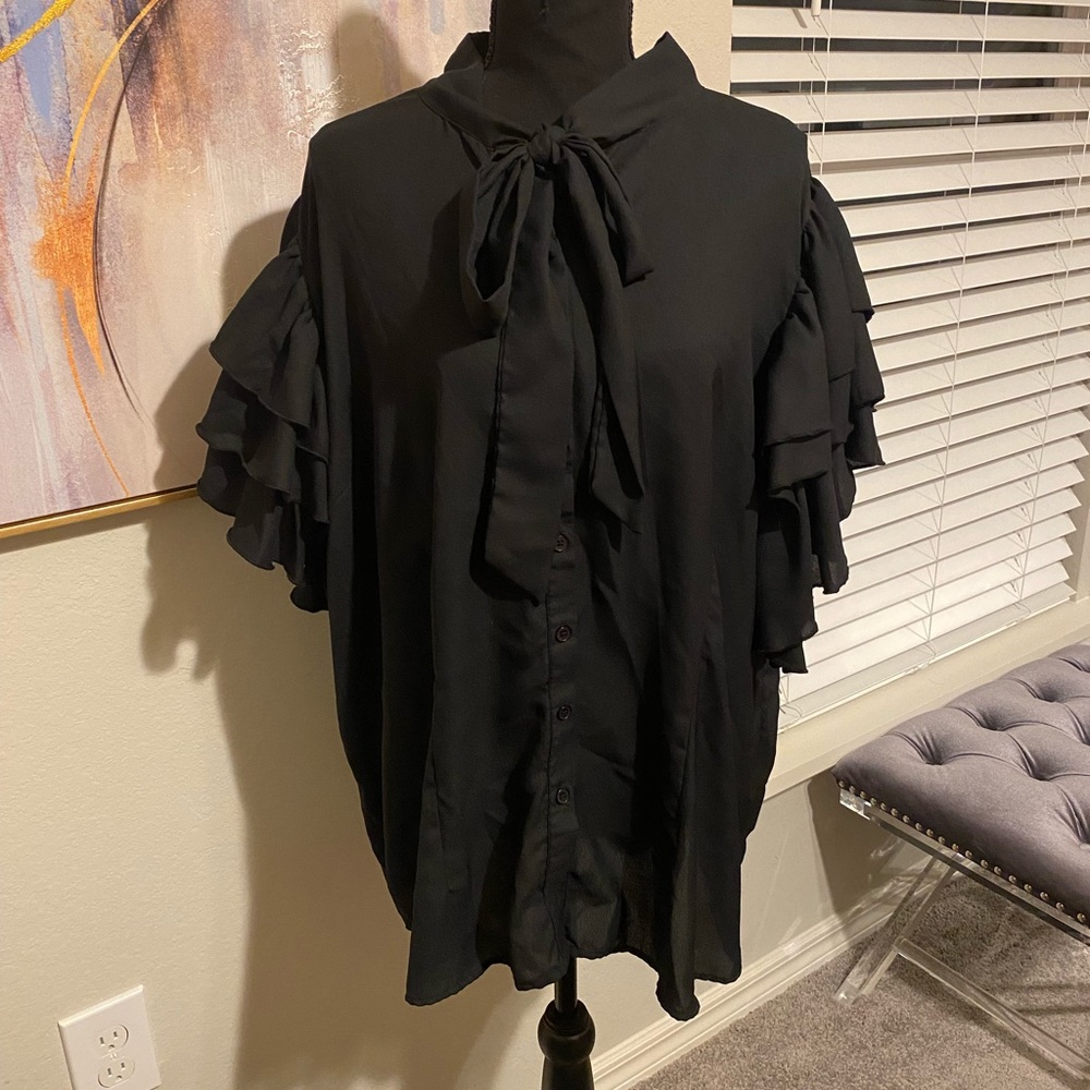 Ashley Stewart Black Ruffle Sleeve Blouse